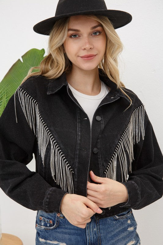 Denim Chevron Fringe Jacket Off White by Blue B | Fleurcouture