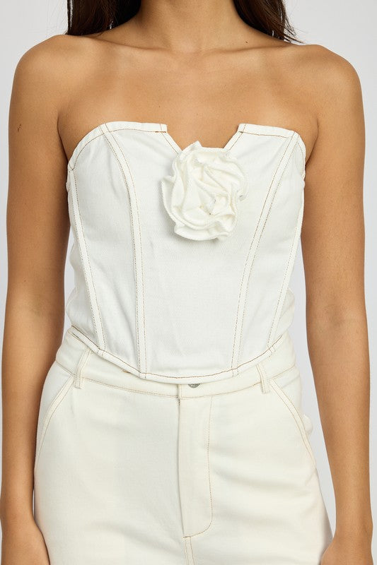 DENIM CORSET TOP WITH ROSETTE DETAIL WHITE by Emory Park | Fleurcouture