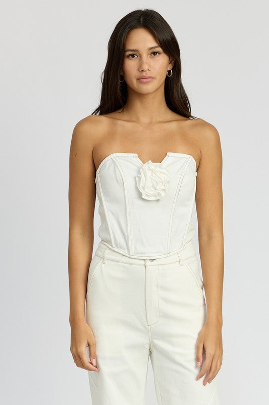 DENIM CORSET TOP WITH ROSETTE DETAIL WHITE S by Emory Park | Fleurcouture