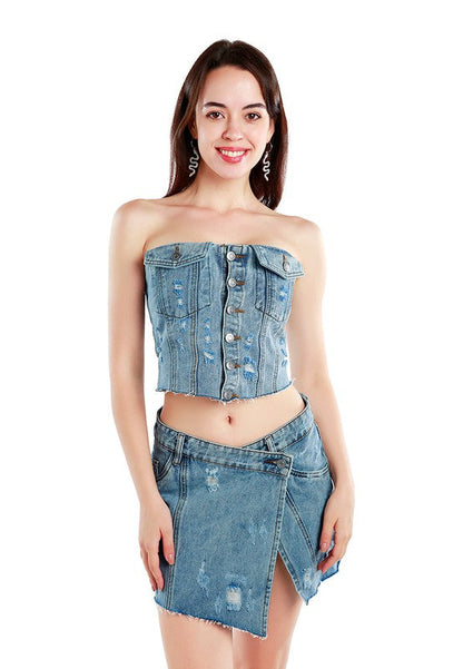 Denim Corset Tube Top BLUE L by Rag Company | Fleurcouture