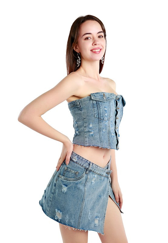 Denim Corset Tube Top BLUE L by Rag Company | Fleurcouture