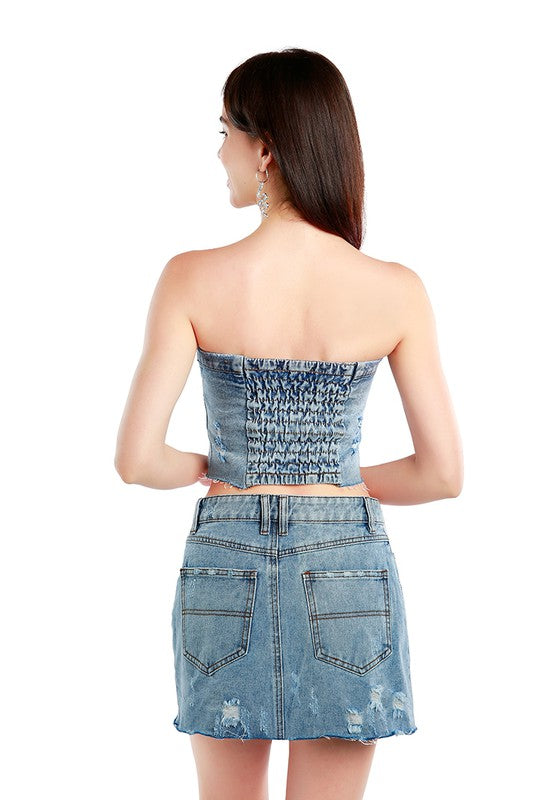 Denim Corset Tube Top BLUE L by Rag Company | Fleurcouture