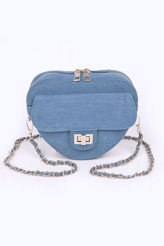 Denim Heart Shape Crossbody Swing Bag Blue O/S by Artini Accessories | Fleurcouture
