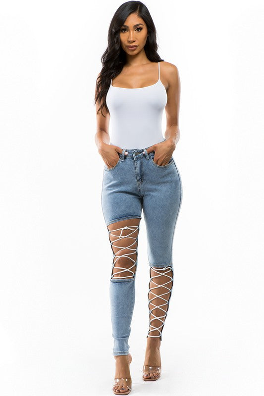 DENIM JEANS MULTI STRIP BLUE L by By Claude | Fleurcouture