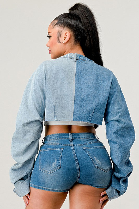 Denim Patched X-Contrast Top DENIM by Athina | Fleurcouture