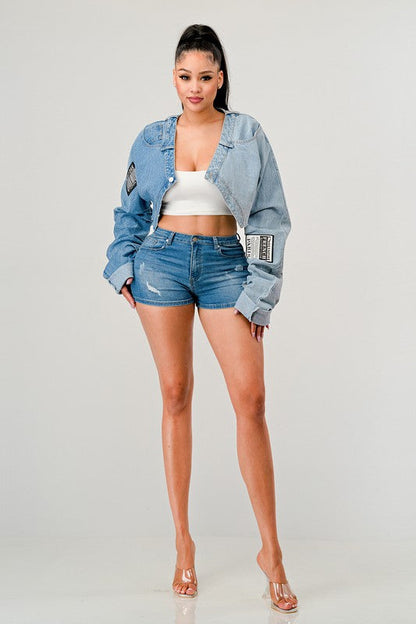 Denim Patched X-Contrast Top DENIM by Athina | Fleurcouture