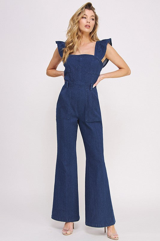 DENIM RUFFLE FLARE LEG JUMPSUIT DENIM by Jade By Jane | Fleurcouture