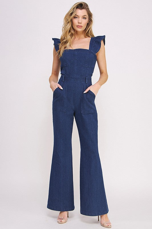 DENIM RUFFLE FLARE LEG JUMPSUIT DENIM S by Jade By Jane | Fleurcouture