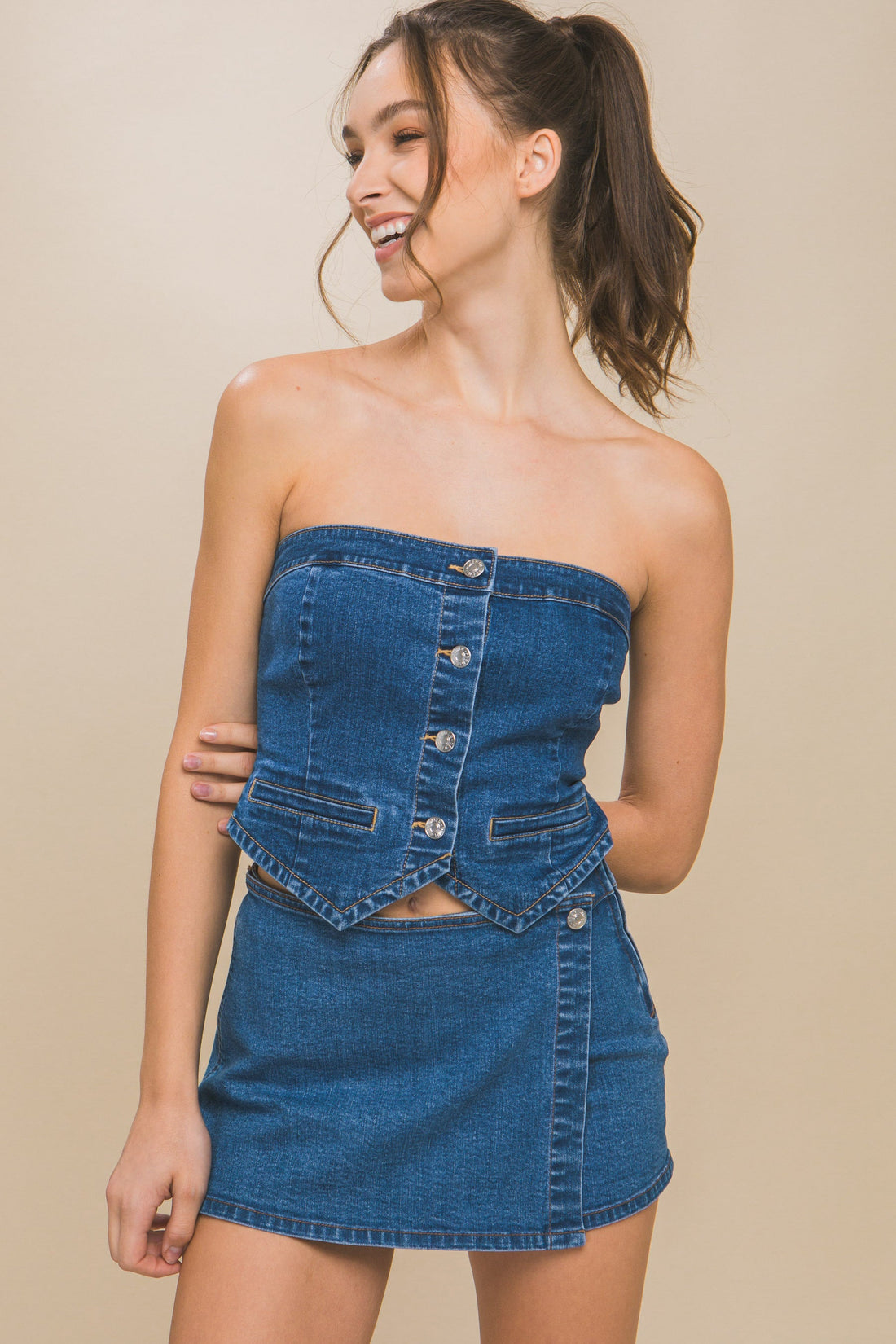 Denim Strapless Button-up Crop Top by Fleurcouture | Fleurcouture