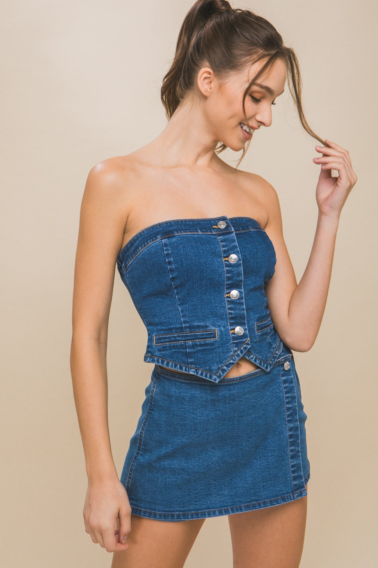 Denim Strapless Button-up Crop Top by Fleurcouture | Fleurcouture
