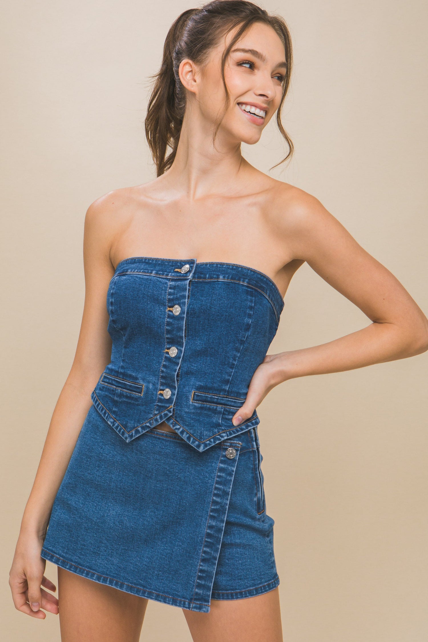 Denim Strapless Button-up Crop Top by Fleurcouture | Fleurcouture