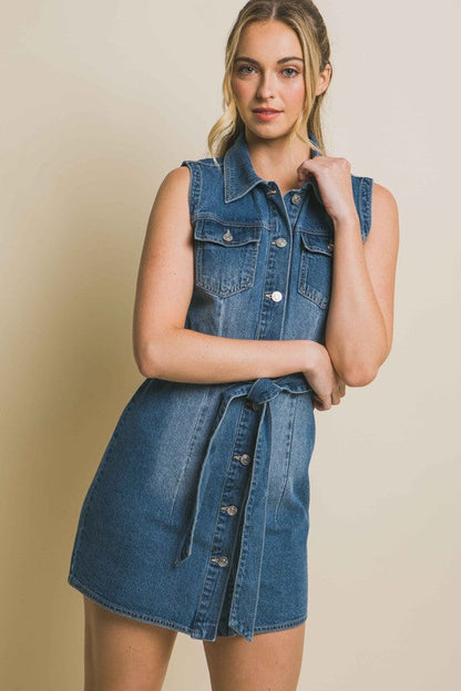 Denim Strapless Dress with Waist Tie BLUE by Love Tree | Fleurcouture