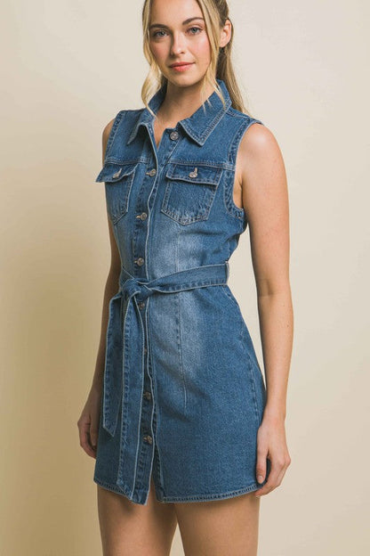 Denim Strapless Dress with Waist Tie BLUE by Love Tree | Fleurcouture