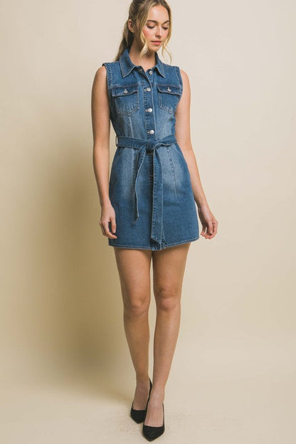 Denim Strapless Dress with Waist Tie BLUE by Love Tree | Fleurcouture