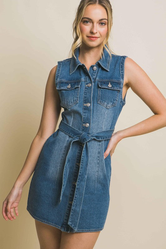 Denim Strapless Dress with Waist Tie BLUE S by Love Tree | Fleurcouture