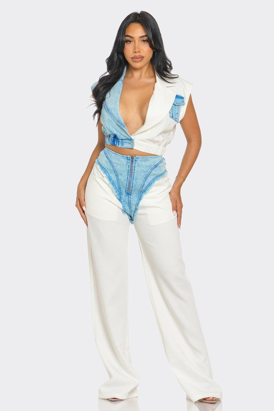 Denim Urban Chic Fusion Set White/Blue S by Athina | Fleurcouture