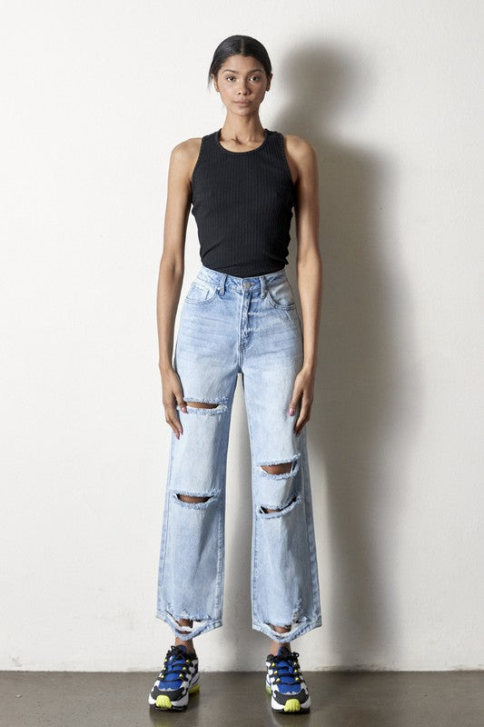 Destroyed Straight Jeans AGED LIGHT by Denim Lab USA | Fleurcouture