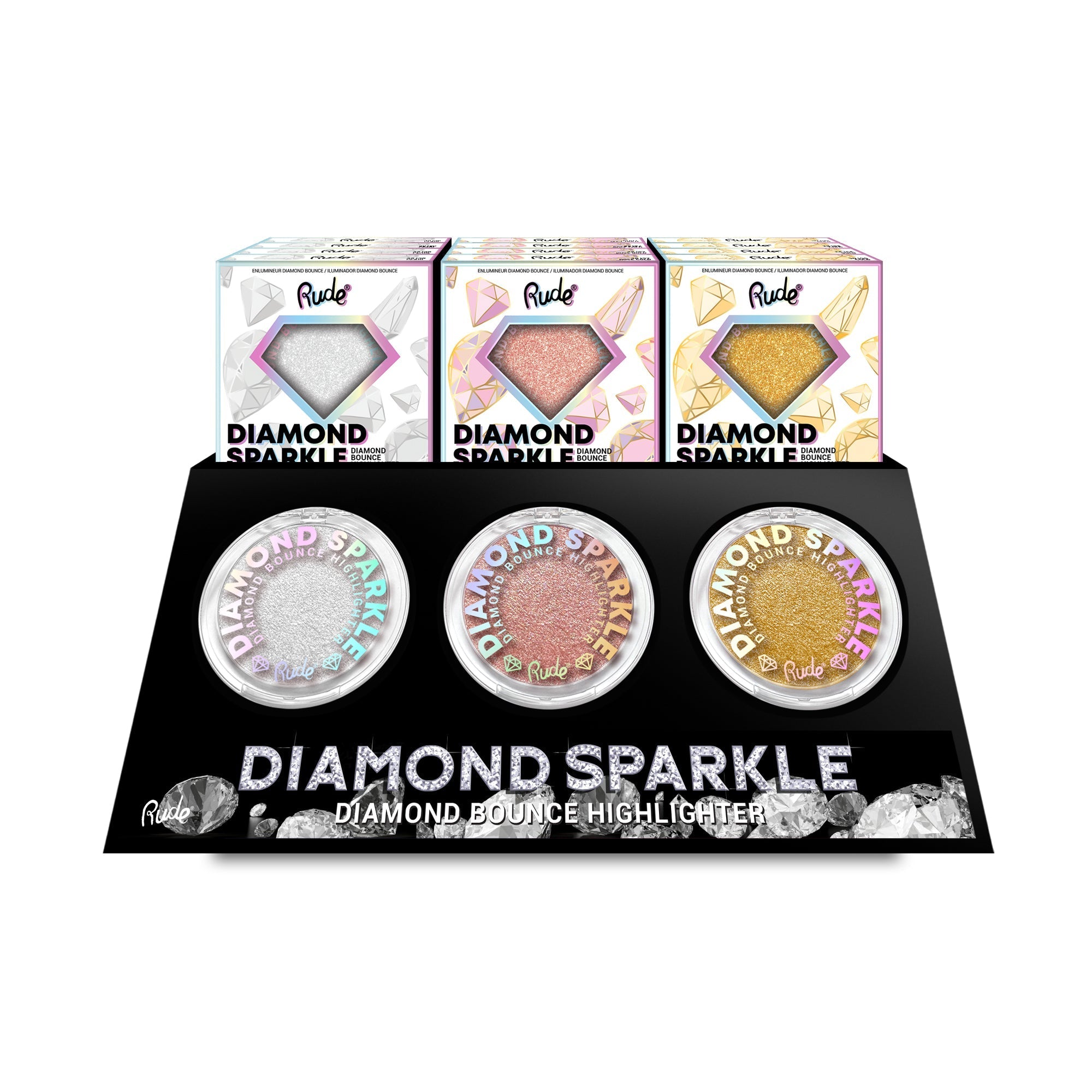 Diamond Sparkle Diamond Bounce Highlighter Display Set, 24pcs Wholesale Set by Rude Cosmetics | Fleurcouture