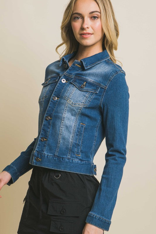 Distressed Button Up Stretchy Cotton Denim Jacket BLUE by Love Tree | Fleurcouture