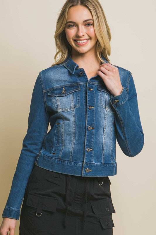 Distressed Button Up Stretchy Cotton Denim Jacket BLUE S by Love Tree | Fleurcouture