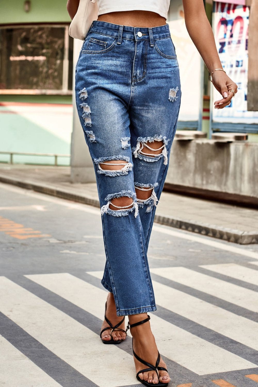 Distressed Buttoned Jeans with Pockets Medium by Trendsi | Fleurcouture