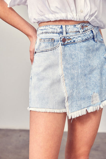 Distressed Cross Lap Denim Shorts WASHED DENIM L by Mustard Seed | Fleurcouture