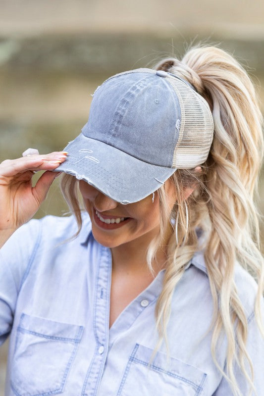 Distressed Messy Bun Hat Cap Gray OneSize by Aili&