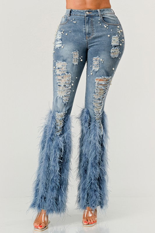 Distressed Pearl Embellished Feather Detail Jeans by Athina | Fleurcouture