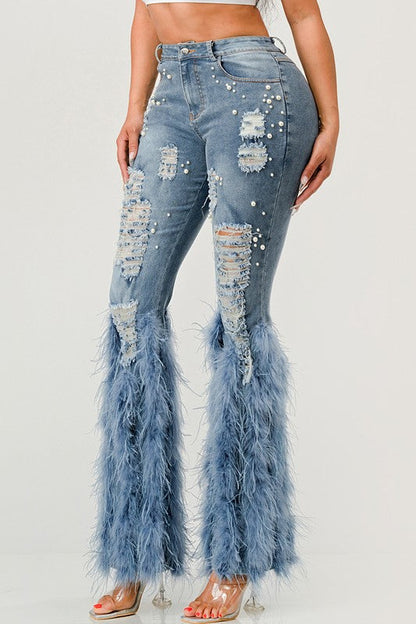 Distressed Pearl Embellished Feather Detail Jeans by Athina | Fleurcouture