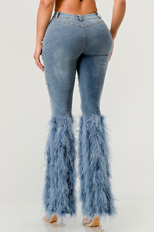 Distressed Pearl Embellished Feather Detail Jeans by Athina | Fleurcouture