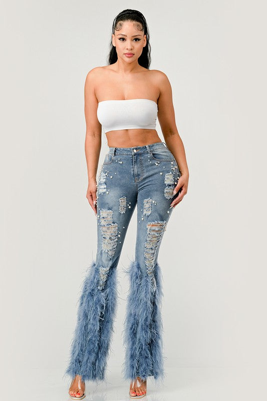 Distressed Pearl Embellished Feather Detail Jeans by Athina | Fleurcouture