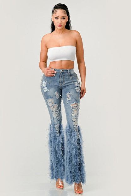 Distressed Pearl Embellished Feather Detail Jeans by Athina | Fleurcouture