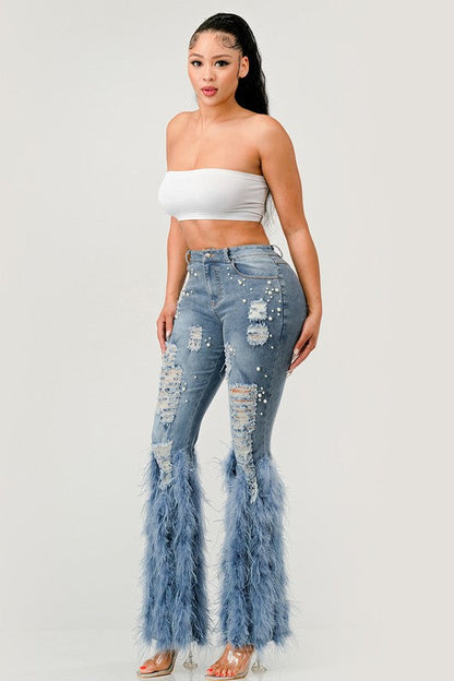 Distressed Pearl Embellished Feather Detail Jeans by Athina | Fleurcouture