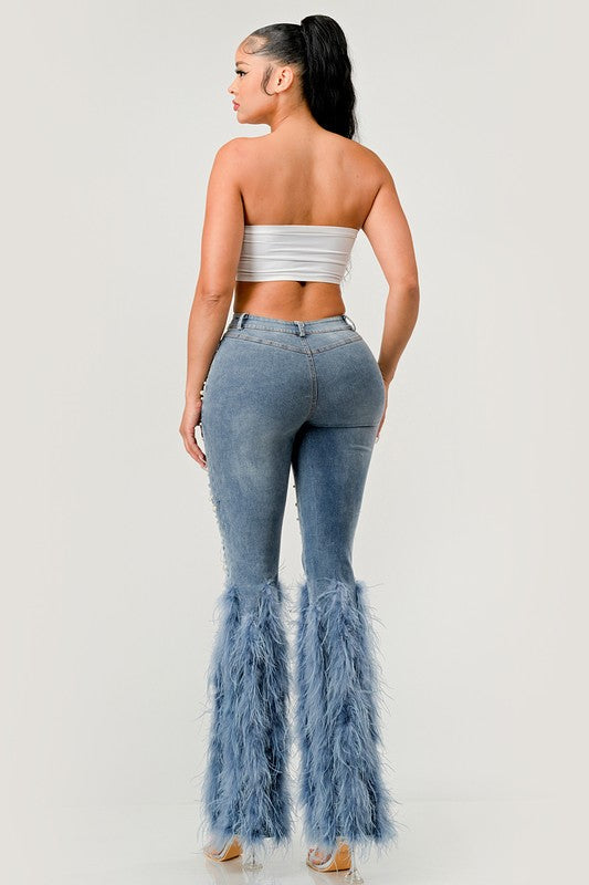 Distressed Pearl Embellished Feather Detail Jeans by Athina | Fleurcouture