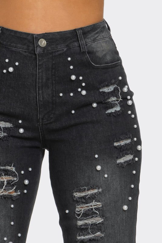 Distressed Pearl Embellished Feather Detail Jeans by Athina | Fleurcouture