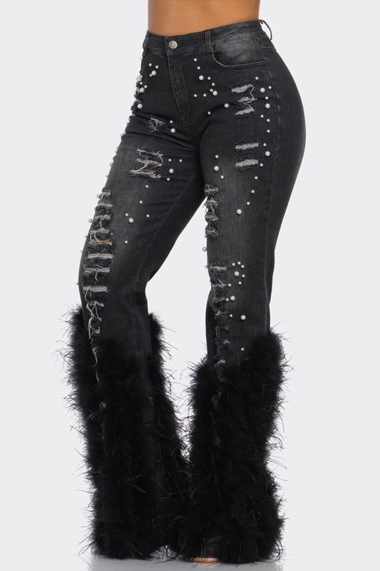 Distressed Pearl Embellished Feather Detail Jeans by Athina | Fleurcouture