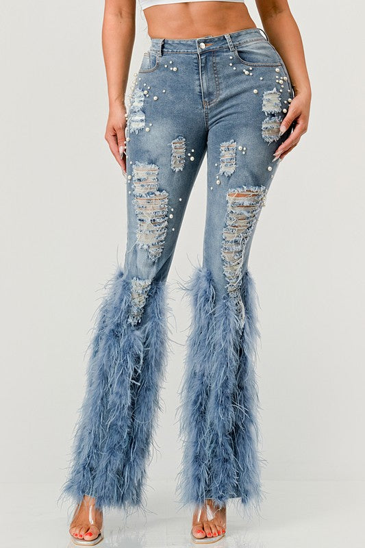 Distressed Pearl Embellished Feather Detail Jeans by Athina | Fleurcouture