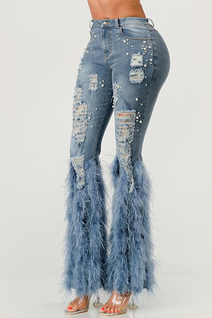 Distressed Pearl Embellished Feather Detail Jeans by Athina | Fleurcouture