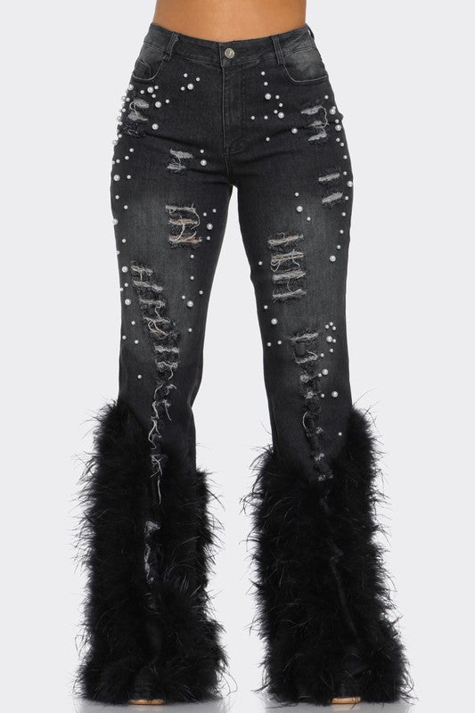 Distressed Pearl Embellished Feather Detail Jeans BLACK S by Athina | Fleurcouture