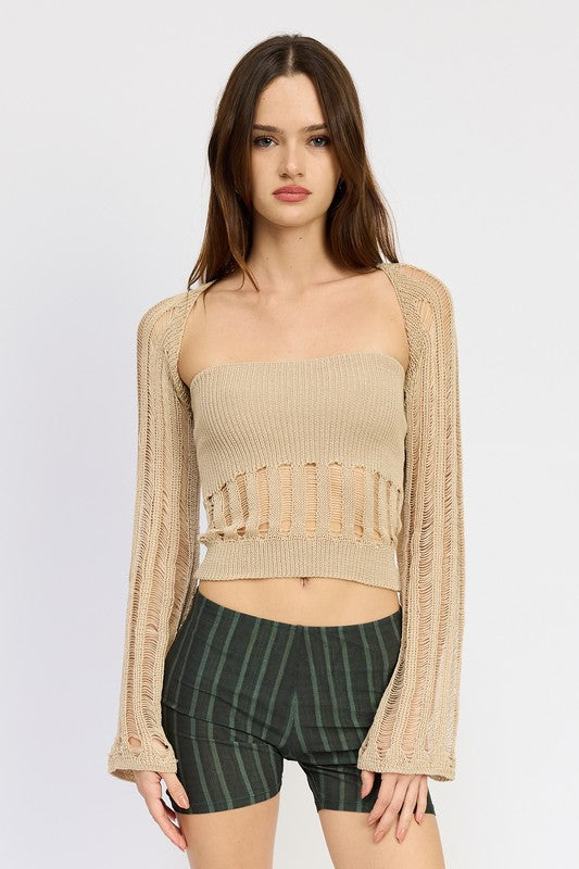 DISTRESSED SWEATER TUBE TOP TAUPE S by Emory Park | Fleurcouture