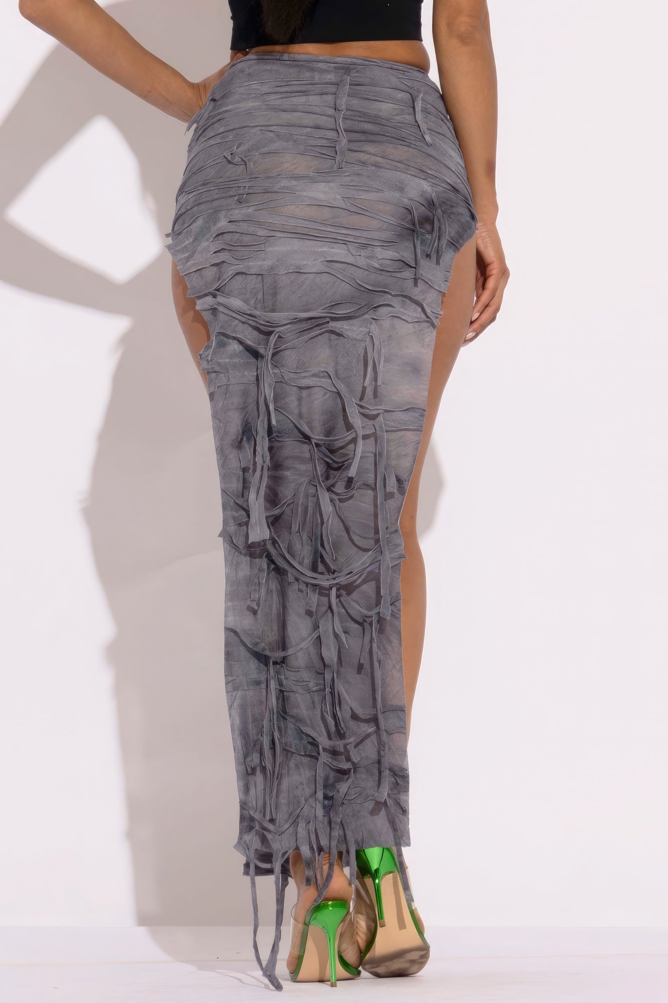 Distressed Thigh Slit Maxi Skirt by Fleurcouture | Fleurcouture