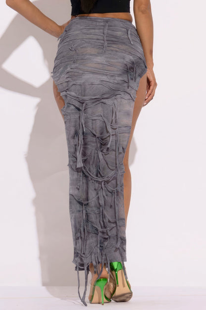 Distressed Thigh Slit Maxi Skirt by Fleurcouture | Fleurcouture