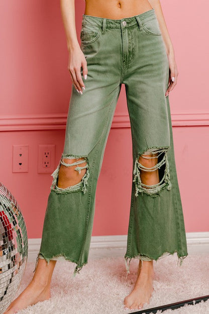 Distressed Vintage Washed Wide Leg Pants ASH GREEN S by BiBi | Fleurcouture