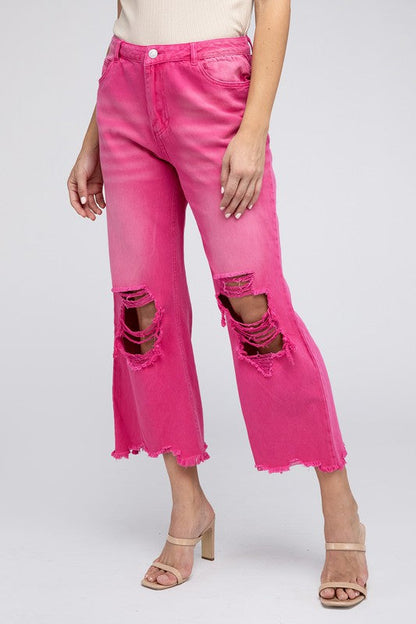 Distressed Vintage Washed Wide Leg Pants FUCHSIA S by BiBi | Fleurcouture