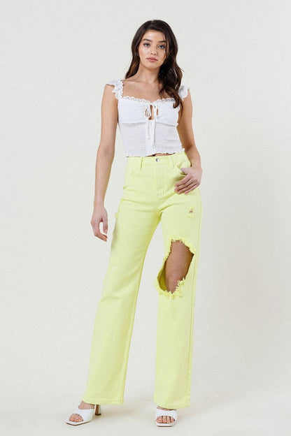 Distressed Wide Cut Straight Leg Jeans LIME by Vibrant M.i.U | Fleurcouture