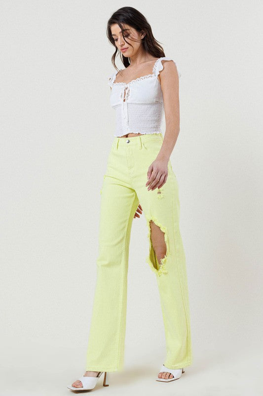 Distressed Wide Cut Straight Leg Jeans LIME by Vibrant M.i.U | Fleurcouture