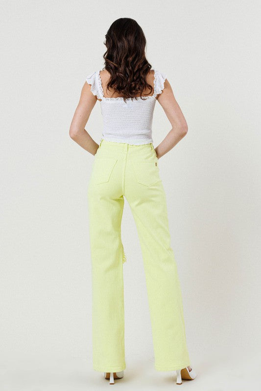 Distressed Wide Cut Straight Leg Jeans LIME by Vibrant M.i.U | Fleurcouture