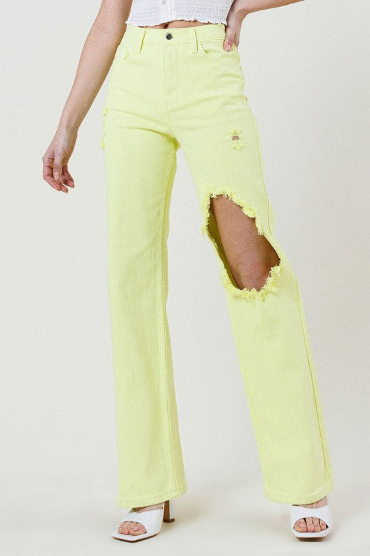 Distressed Wide Cut Straight Leg Jeans LIME by Vibrant M.i.U | Fleurcouture