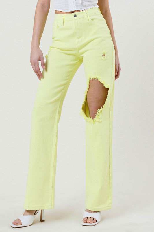 Distressed Wide Cut Straight Leg Jeans LIME by Vibrant M.i.U | Fleurcouture