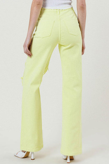 Distressed Wide Cut Straight Leg Jeans LIME by Vibrant M.i.U | Fleurcouture